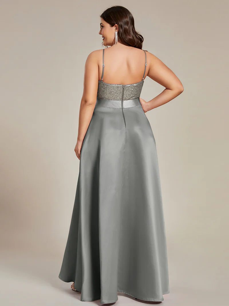 Silver grey plus size hi low sleeveless satin formal or mother of the bride dress with bodice detailing.