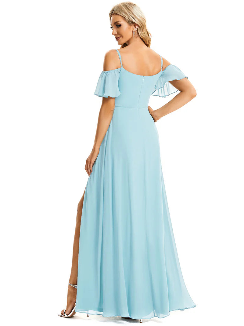 Sky blue bridesmaid dress, off shoulder chiffon.