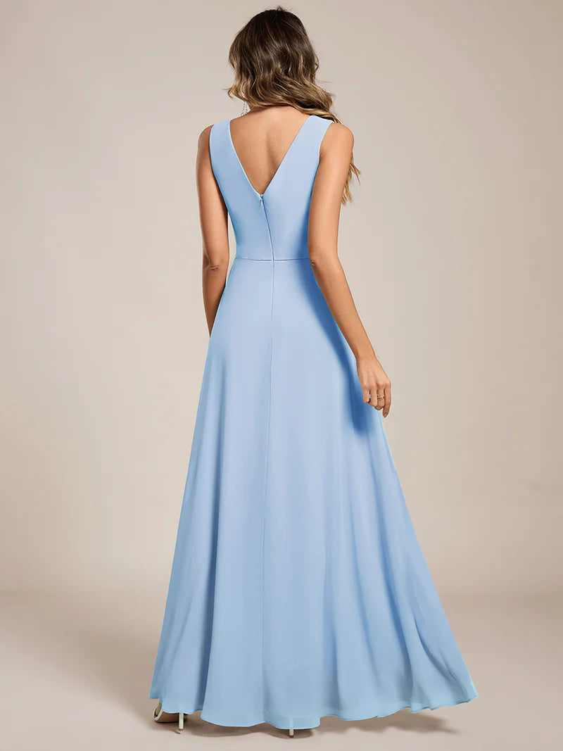 Sky Blue bridesmaid dress, sleeveless A-line chiffon dress with split.