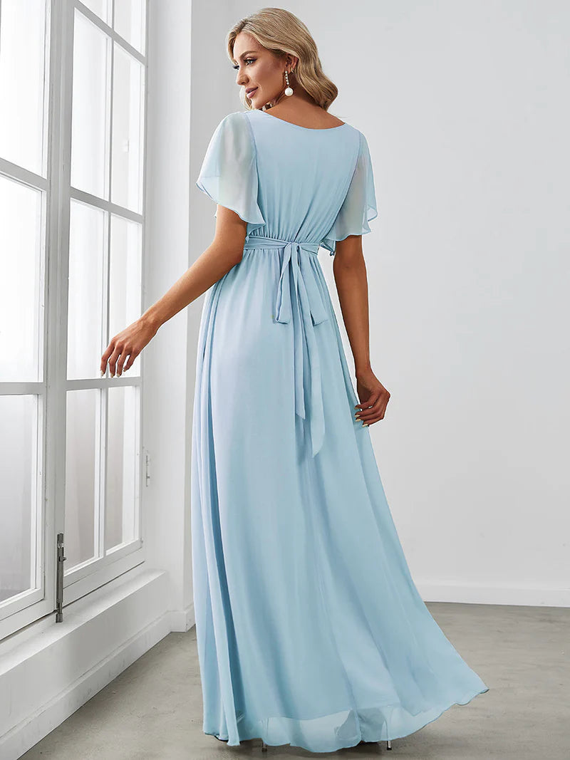 Sky blue bridesmaid dress with v-neck and a-line.