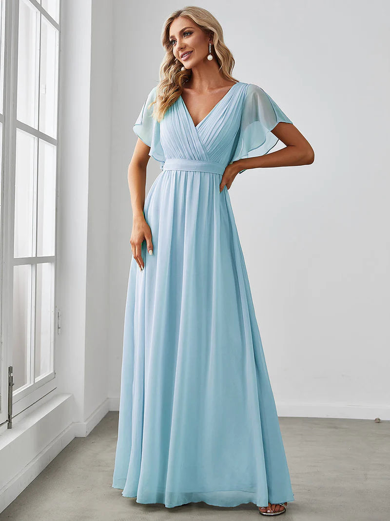 Sky blue bridesmaid dress with v-neck and a-line.