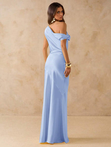 Sky blue Bridesmaid or formal asymmetrical off the shoulder satin sheath dress.