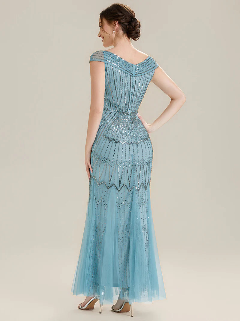 Sky Blue mother of the bride dress with sequin embellishment and short cap sleeve.