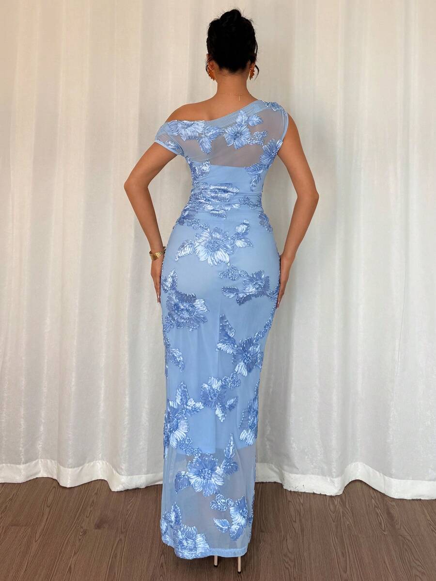 Sky blue Mother of the Bride dress with asymmetrical shoulder and 3d embroidered floral detail.