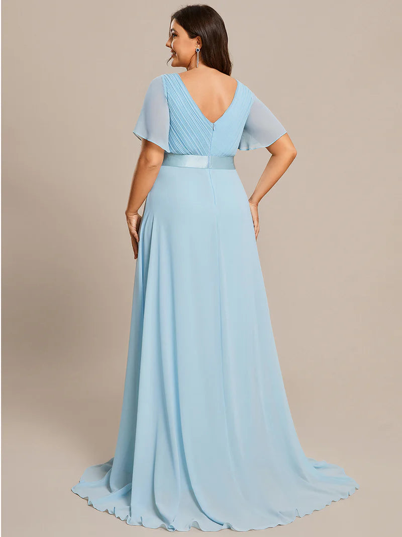 Sky blue plus size bridesmaid dress or formal dress in chiffon with short sleeves and a satin band.