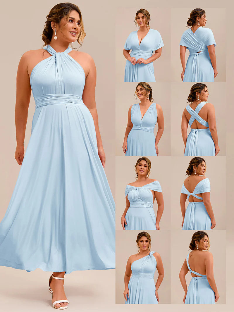 Sky Blue plus size infinity multiway bridesmaid dress with tube top.