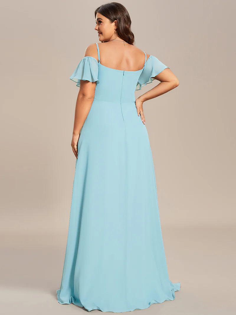 Sky blue plus sized bridesmaid dress, off shoulder chiffon.