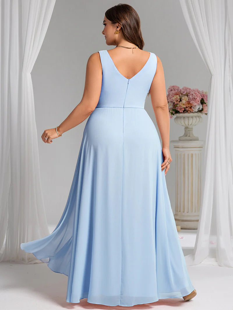 Sky blue plus size bridesmaid dress, sleeveless A-line chiffon with split.