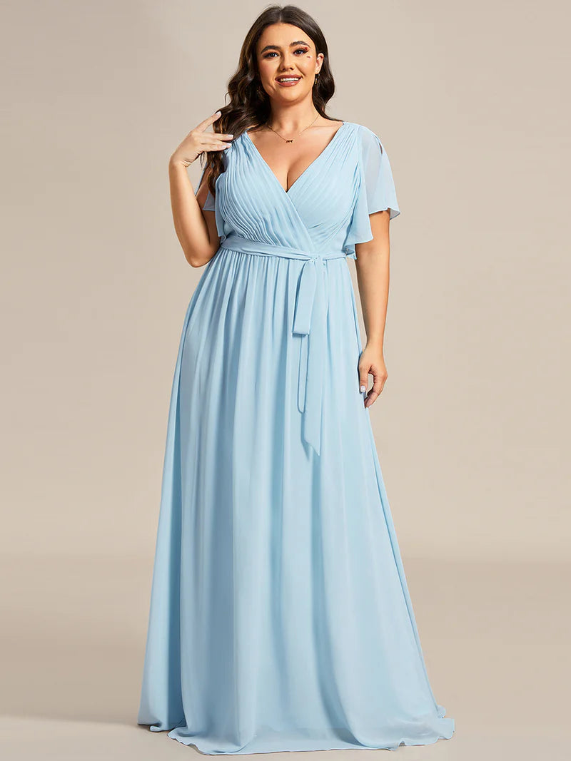 Sky blue plus sized bridesmaid dress with v-neck and a-line.