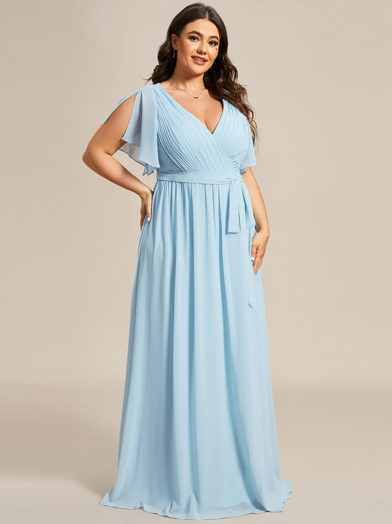 Sky blue plus sized bridesmaid dress with v-neck and a-line.