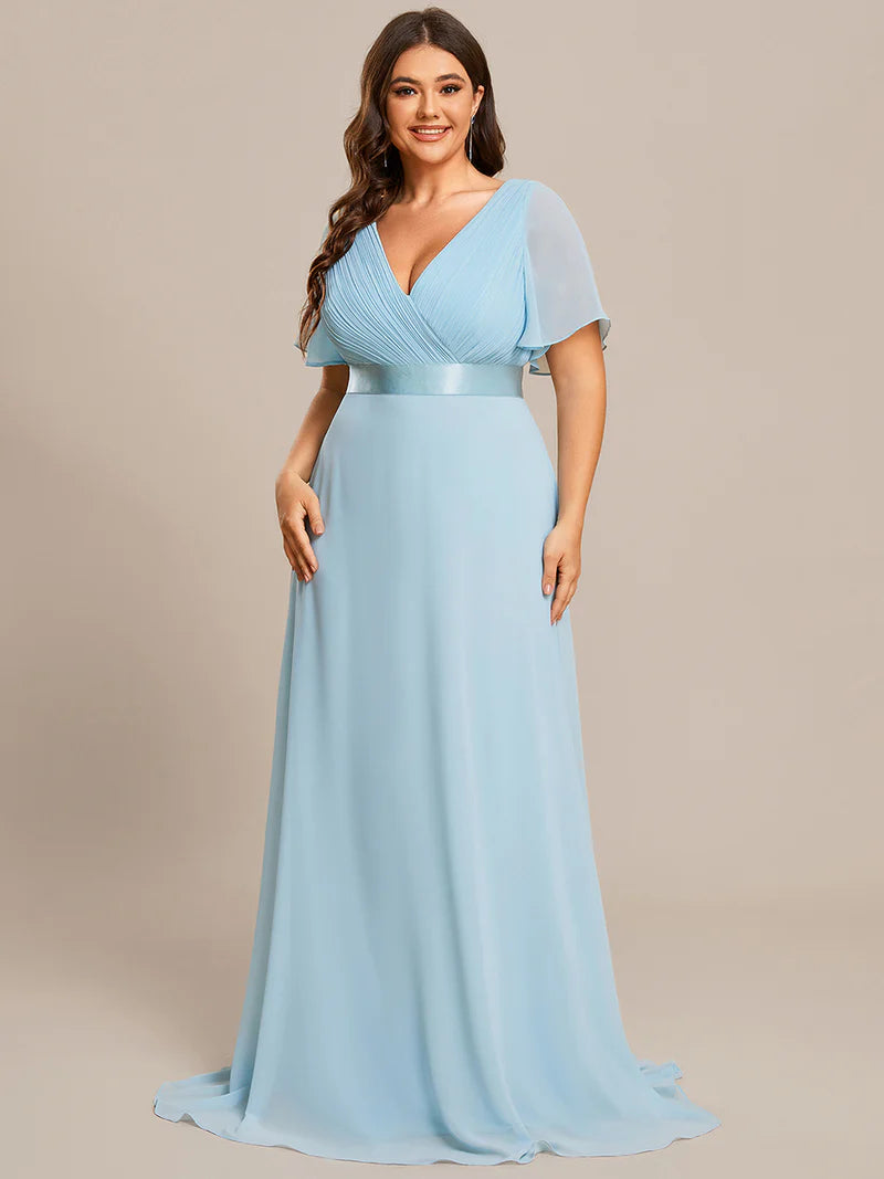 Sky Blue plus size mother of the bride dress in chiffon with short sleeves and a satin band.