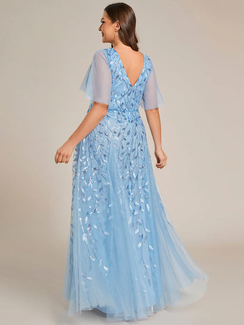 Sky Blue plus size mother of the bride dress with short sleeves and flowing tulle.