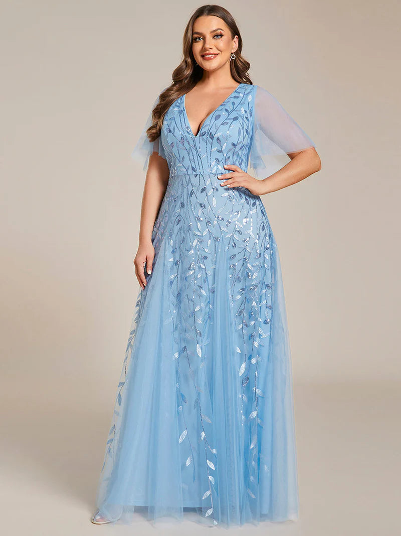 Sky Blue plus size mother of the bride dress with short sleeves and flowing tulle.