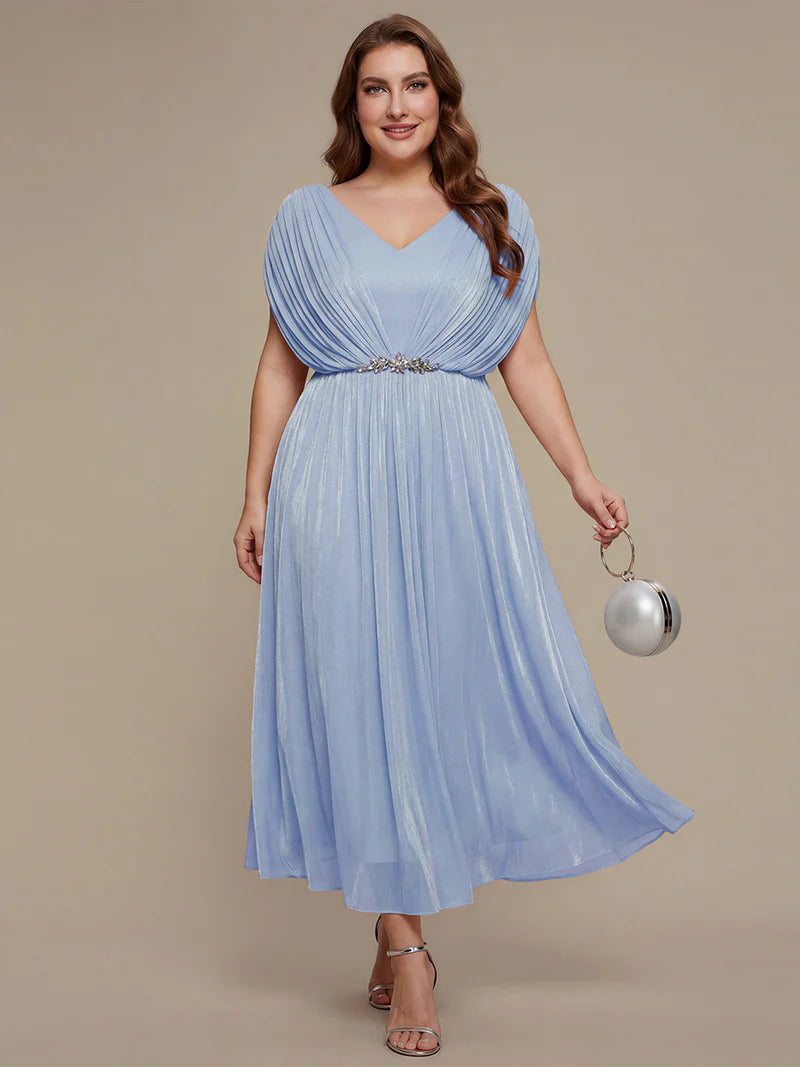 Sky blue shimmer plus size mother of the bride or guest dress with short sleeves.
