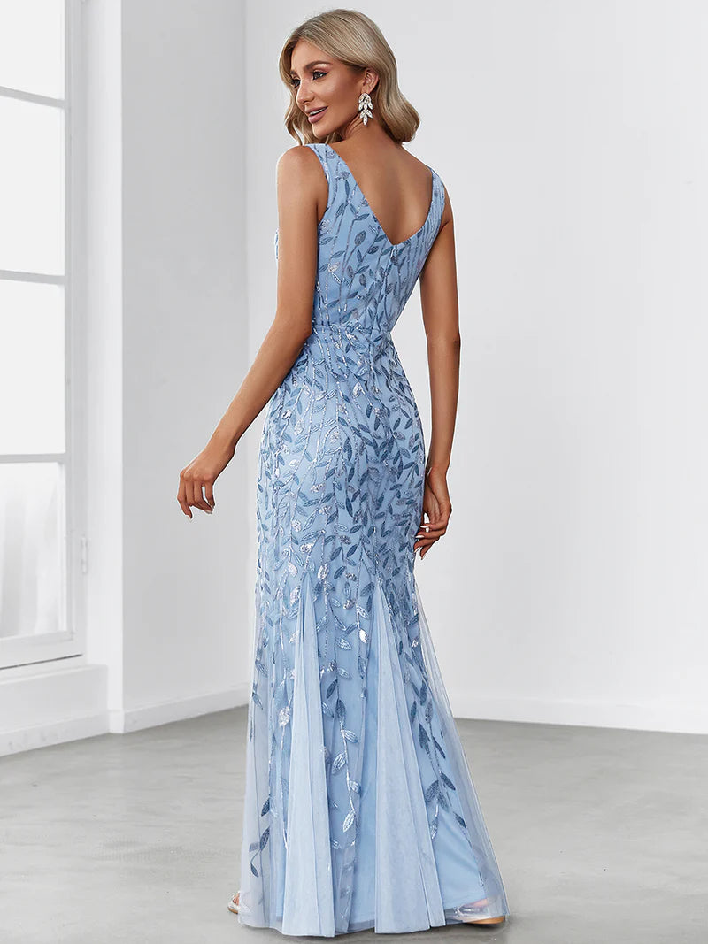 Sky blue plus sized dress with fishtail and sequin.
