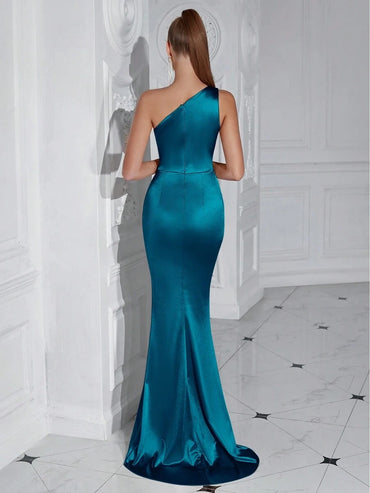 Teal blue formal dress with one shoulder in satin with high split and mermaid tail finish. Graceful Elegance services Logan, Brisbane, Gold Coast, Scenic Rim.