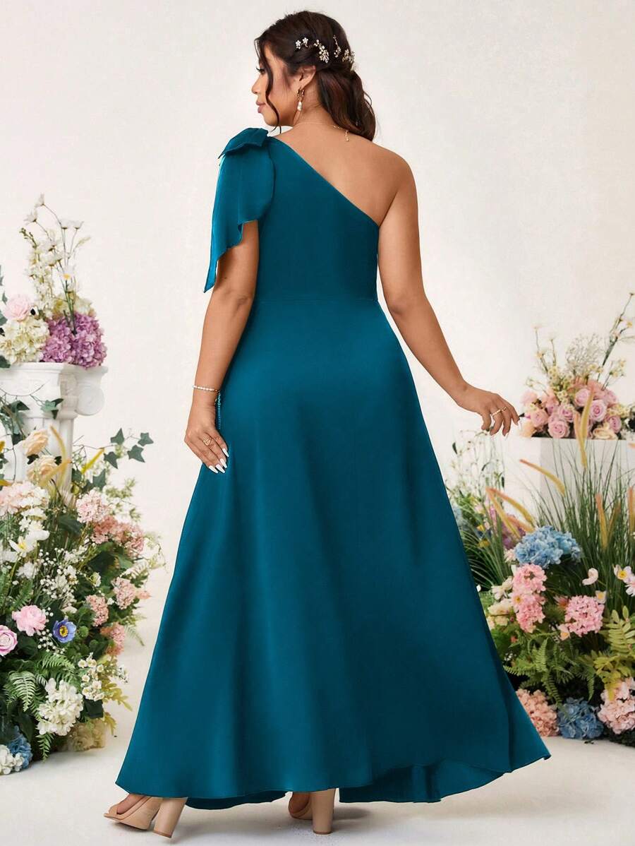 Teal blue plus size mother of the bride or formal dress in satin with a split.