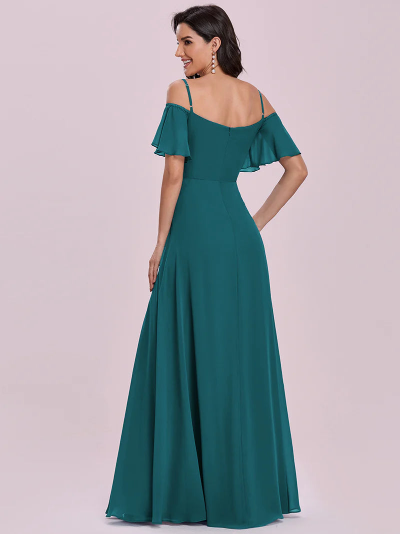 Teal bridesmaid dress, off shoulder chiffon.