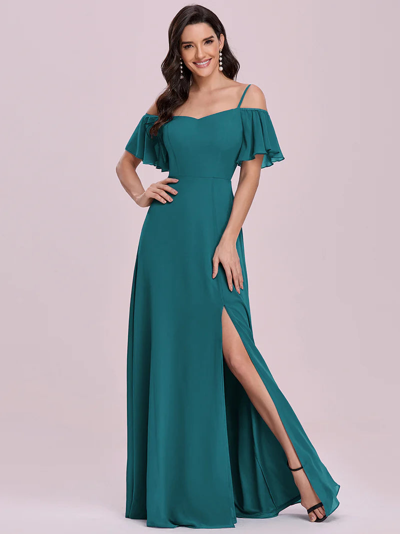 Teal bridesmaid dress, off shoulder chiffon.