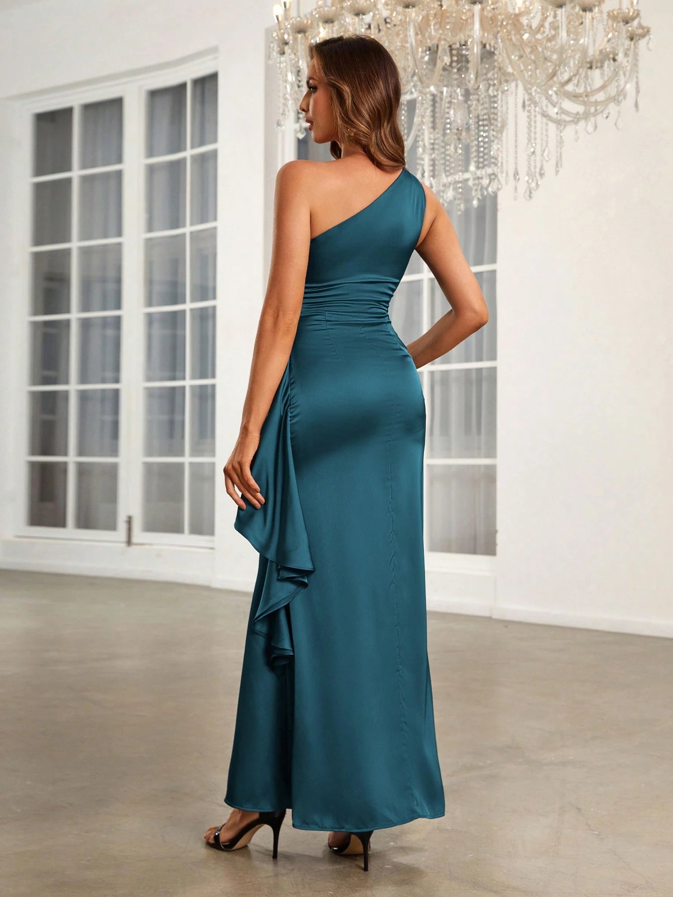 Teal bridesmaid dress or formal dress with one shoulder in satin and ruffle side detail.