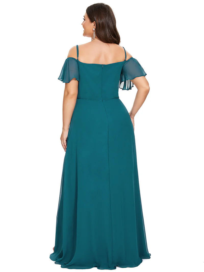 Teal plus sized bridesmaid dress, off shoulder chiffon.