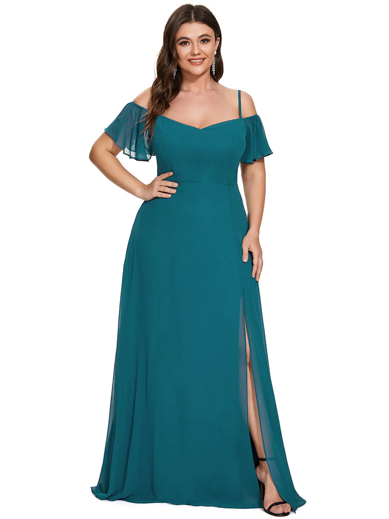 Teal plus sized bridesmaid dress, off shoulder chiffon.
