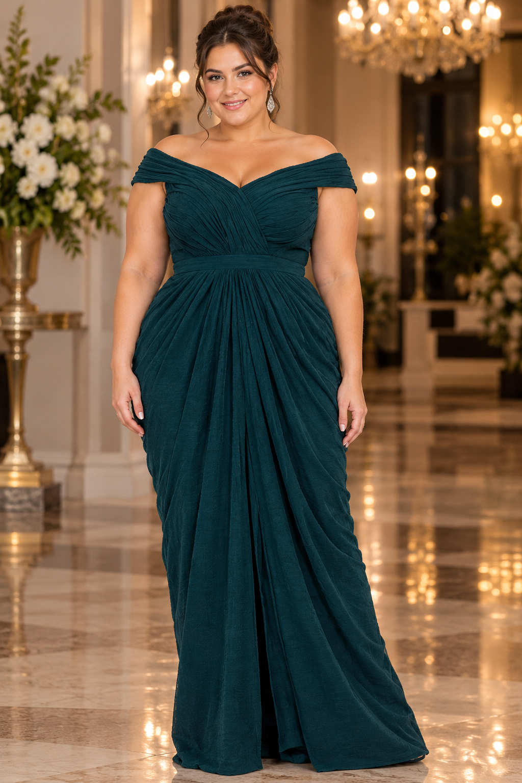 Teal plus size formal dress off shoulder style with ruching