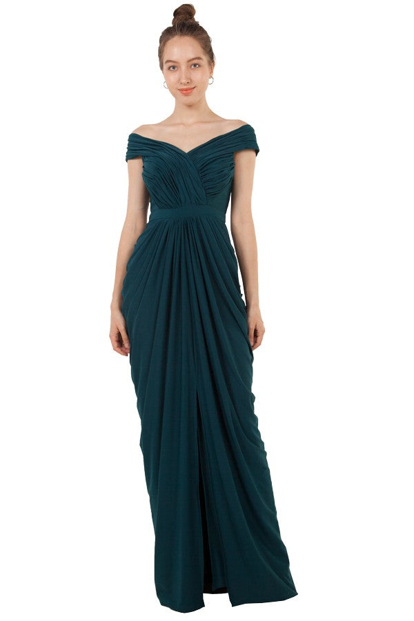 Teal plus size formal dress with drape front and off shoulder style.