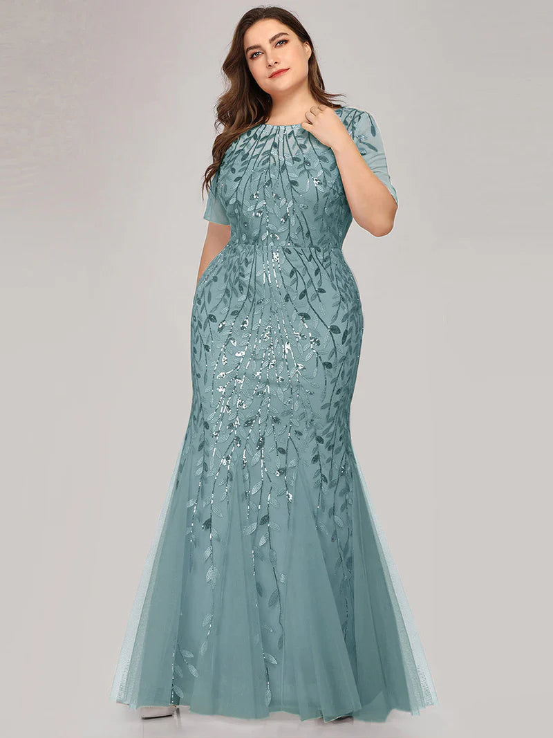 Teal Plus Size Mother of the bride dress, short sleeve with tulle, lace and sequin detailing.