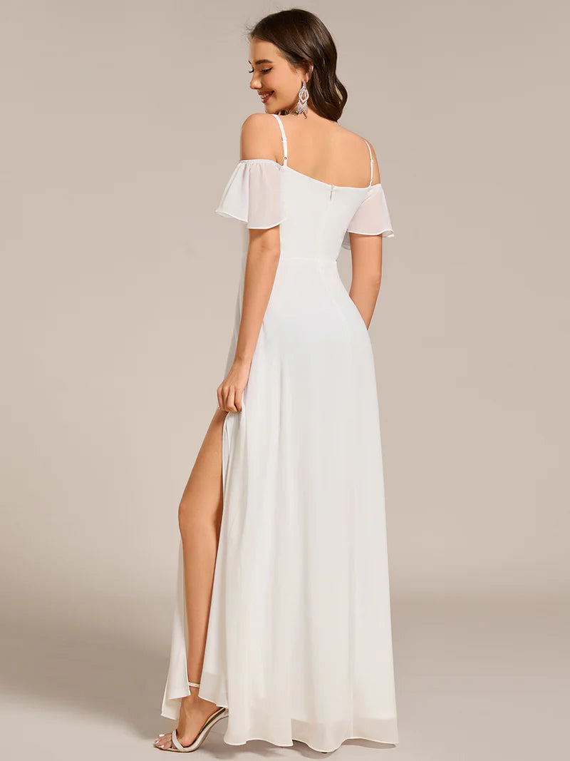 White bridesmaid dress, off shoulder chiffon.
