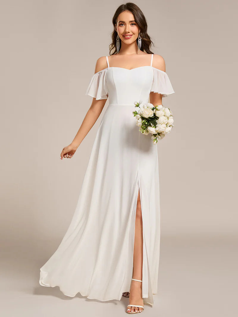 White bridesmaid dress, off shoulder chiffon.