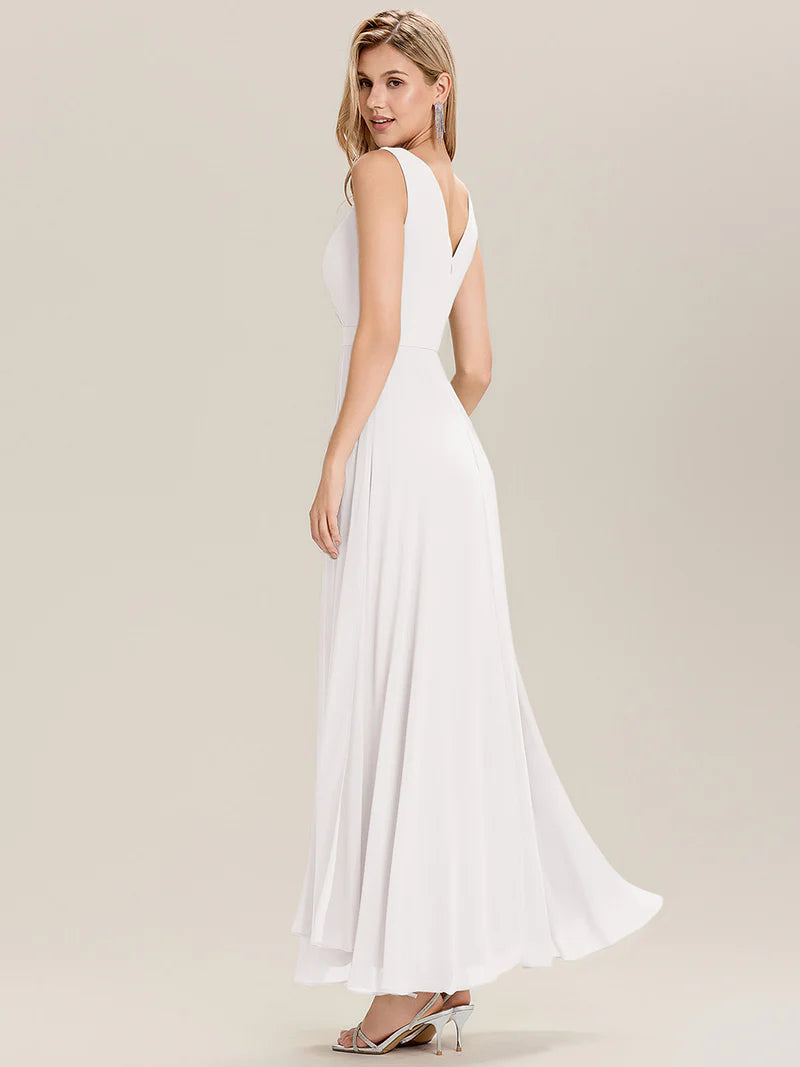 White bridesmaid dress sleeveless a-line with split.
