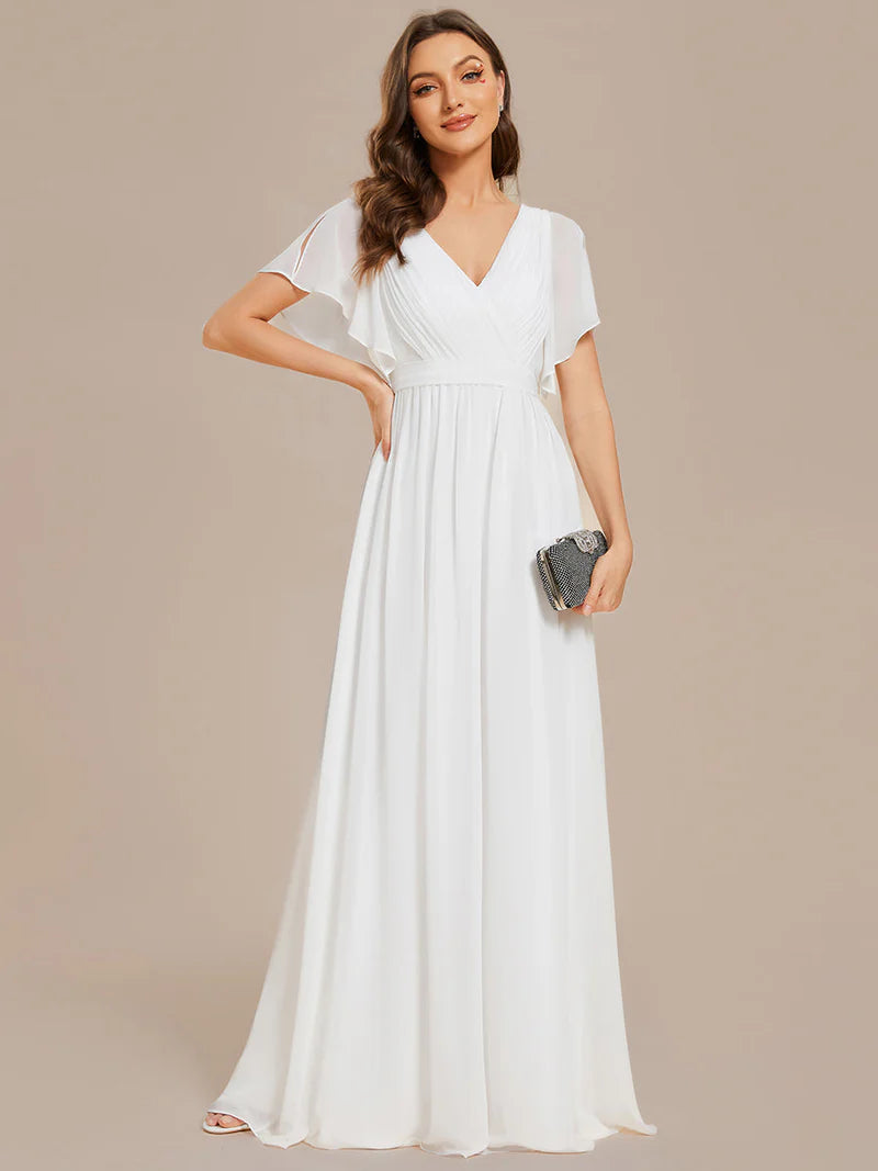 White bridesmaid dress with v-neck and a-line.