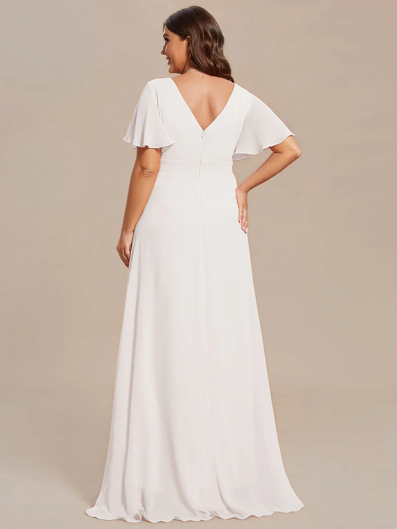 White plus sized bridesmaid dress with high low ruffle and chiffon.
