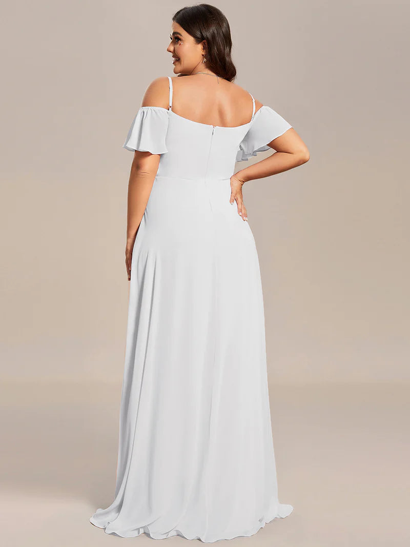 White plus sized bridesmaid dress, off shoulder chiffon.