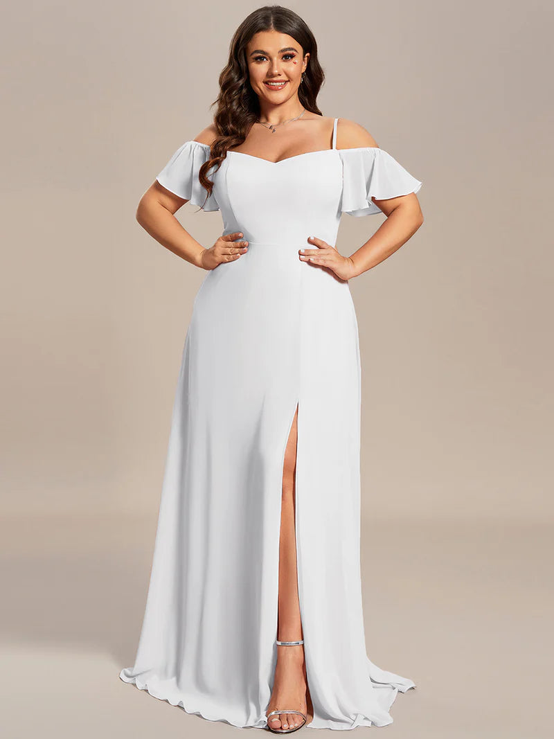 White plus sized bridesmaid dress, off shoulder chiffon.
