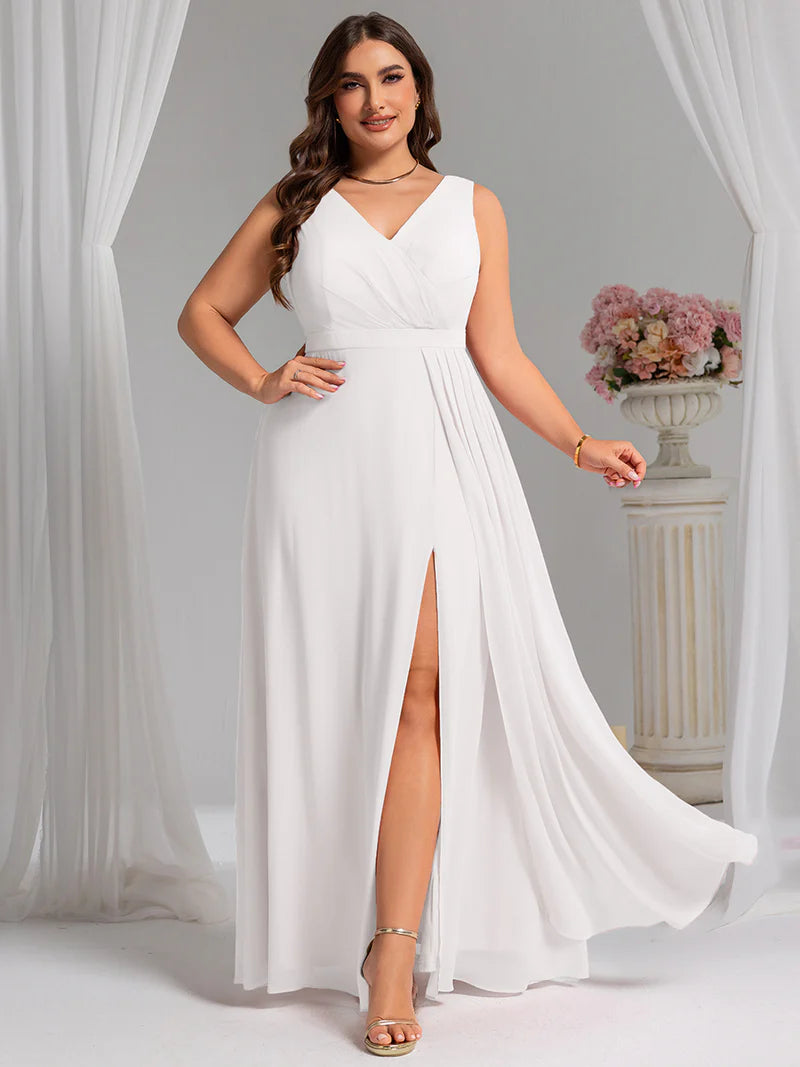 White plus size bridesmaid dress, sleeveless A line with split.