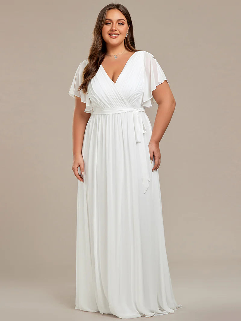 White plus sized bridesmaid or wedding dress with v-neck and a-line for weddings in Logan and the Scenic Rim.