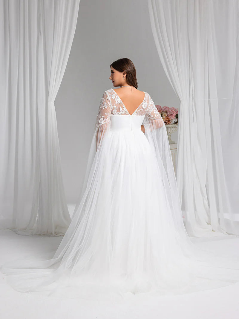 White plus size wedding dress with Long lace and chiffon sleeves.