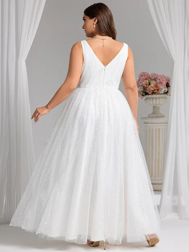 White wedding dress with tulle, sequins v-neck and floor length.