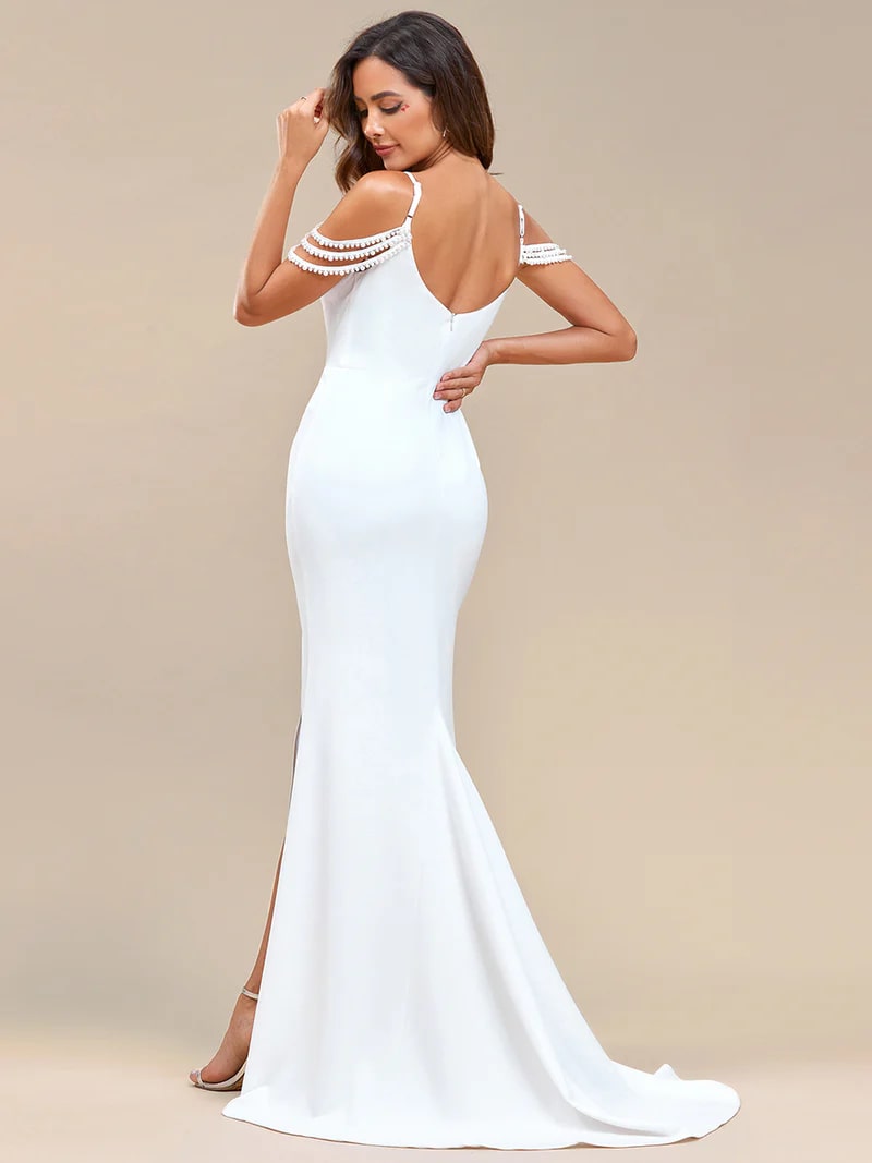 White wedding dress with halter side split and fishtail.