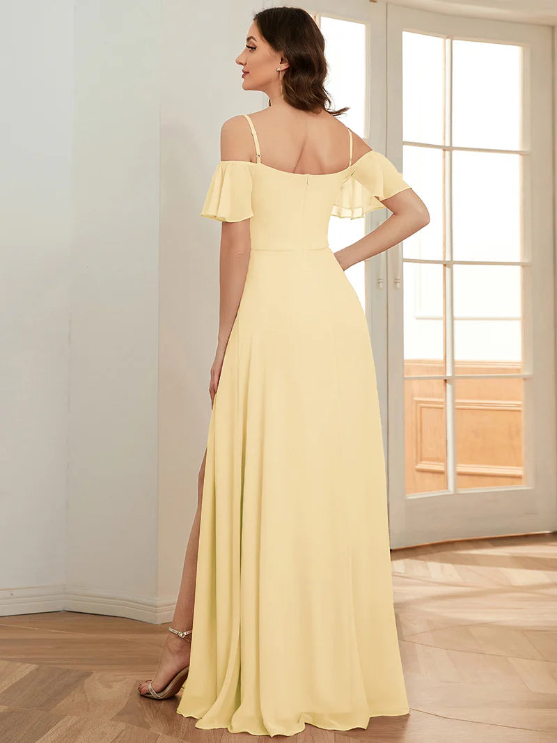 Yellow bridesmaid dress, off shoulder chiffon.