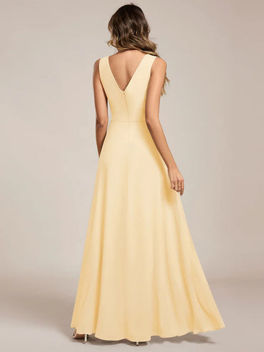 Yellow bridesmaid dress, sleeveless A-line chiffon dress with split.