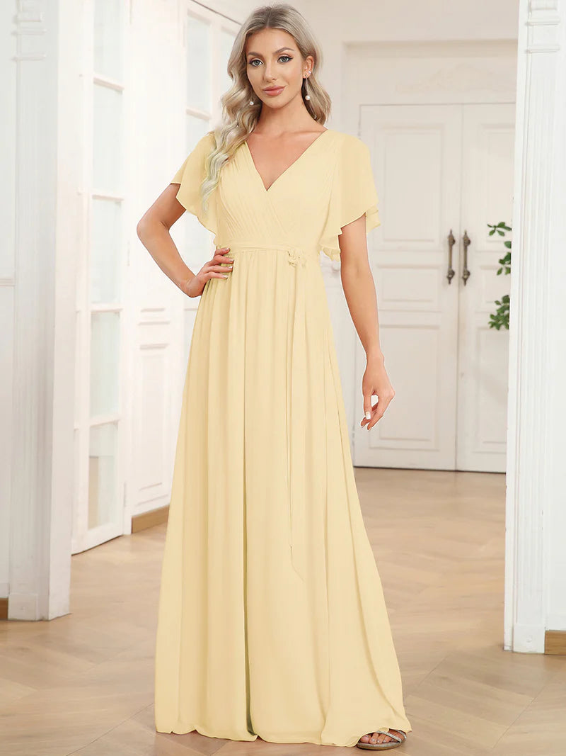 Yellow bridesmaid dress with v-neck and a-line.