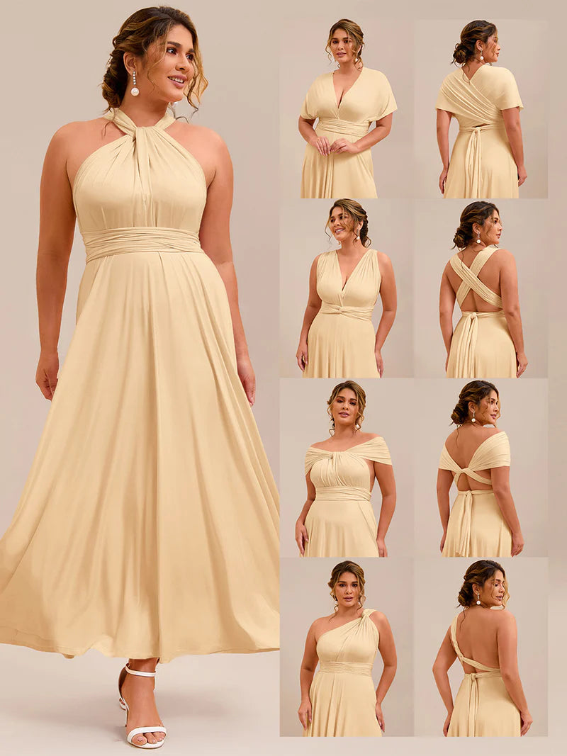 Yellow plus size infinity multiway bridesmaid dress with tube top.