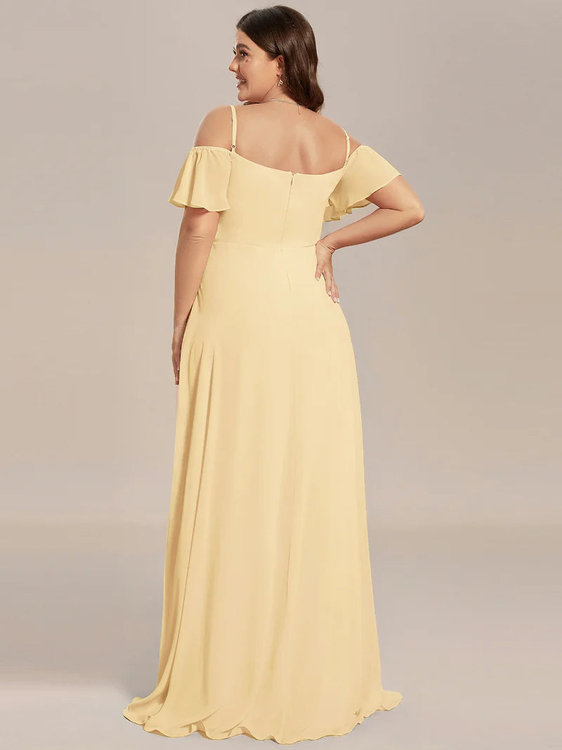 Yellow bridesmaid dress, off shoulder chiffon.