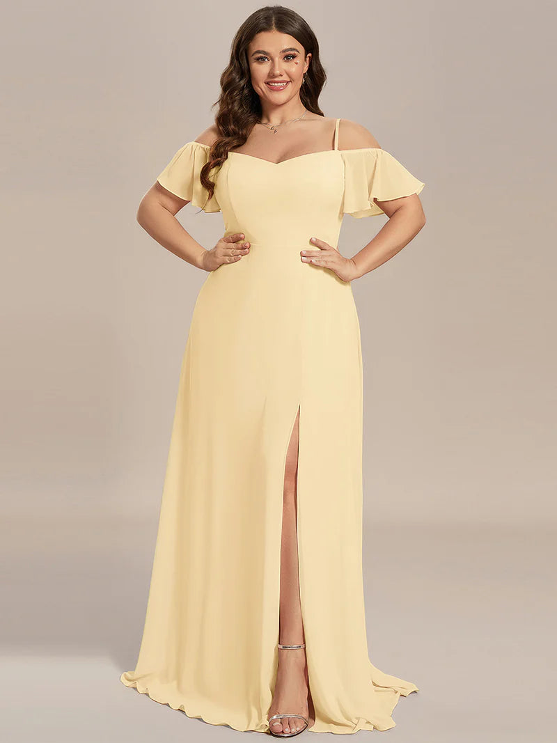 Yellow bridesmaid dress, off shoulder chiffon.