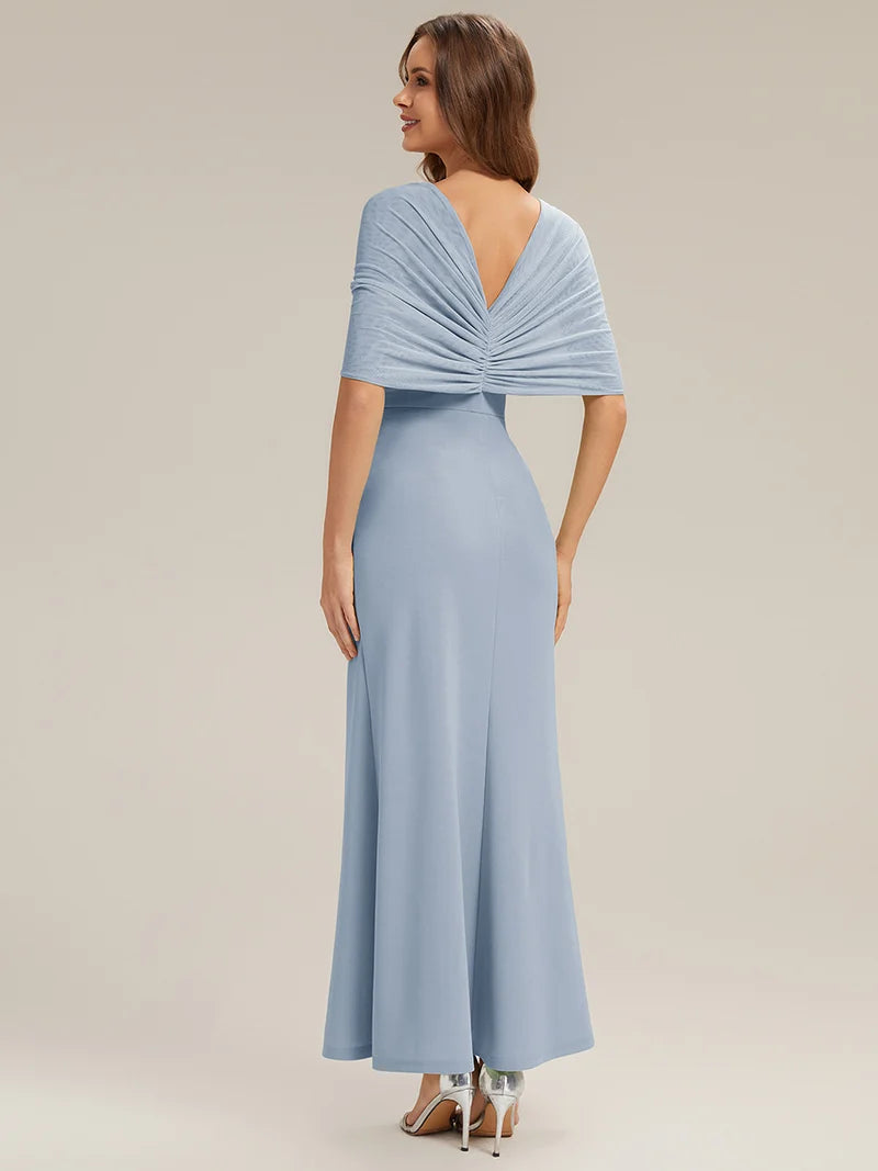 Ice blue drop shoulder design mother of the bride dress with a split.