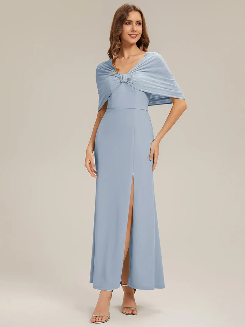 Ice blue drop shoulder design mother of the bride dress with a split.