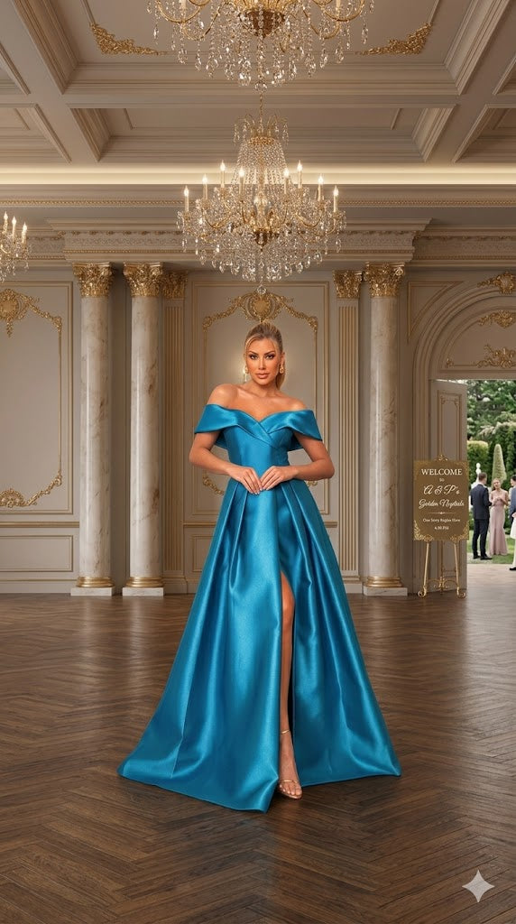 Teal plus size formal dress off shoulder style with front split.
